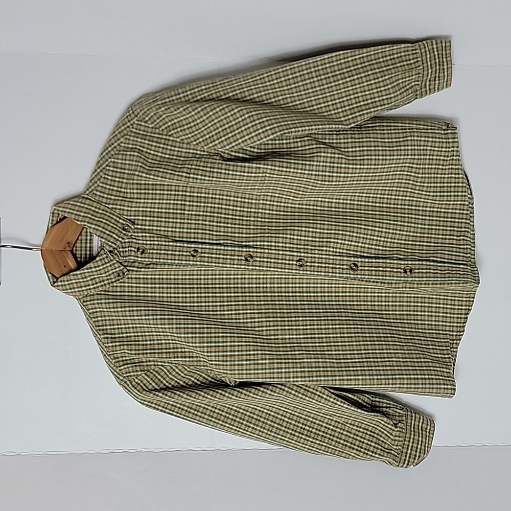 Talbots Kids Boy's Tan White Green Plaid 100% Cotton Button Down Shirt, 10
